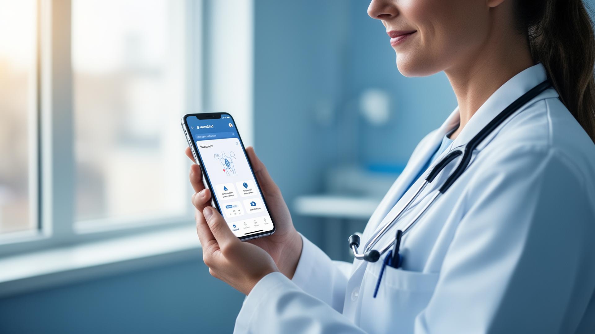 Lege bruker MedCheck AI på smarttelefon for klinisk beslutningsstøtte